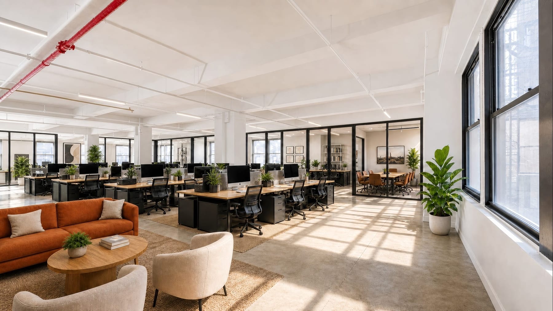 A staged open floor flooded with light on three sides